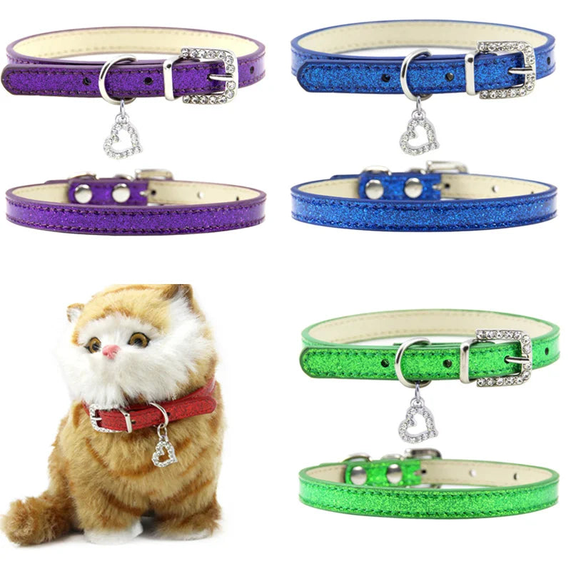 Elegant Leather Pet Collar with Crystal Heart Pendant-My Little Pet