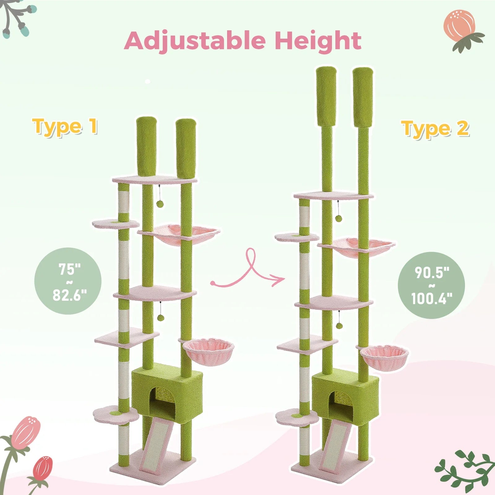 Adjustable Floor-to-Ceiling Cactus Cat Tree - Tall Activity Tower with Condo & Hammocks-My Little Pet
