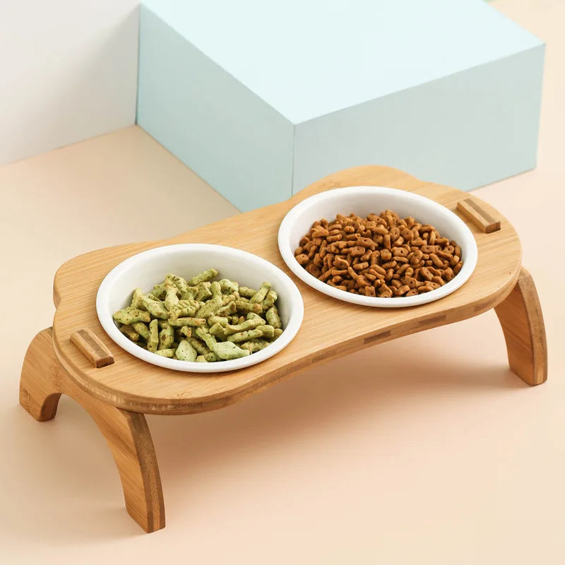 Elevated Bamboo Double Bowls for Cats and Small Dogs - Anti-Leak Design-My Little Pet