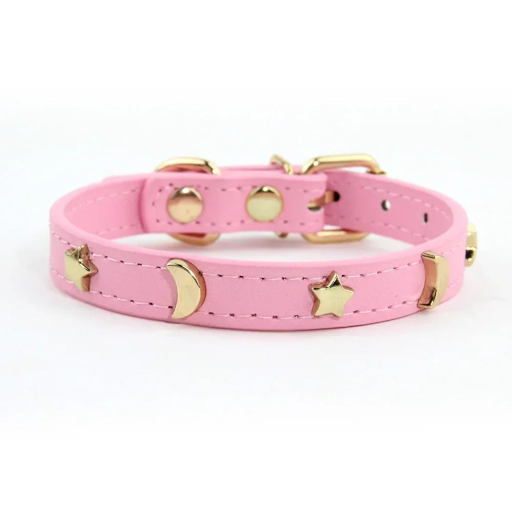 Elegant Black Leather Cat Collar with Gold Star and Moon Rivets-My Little Pet