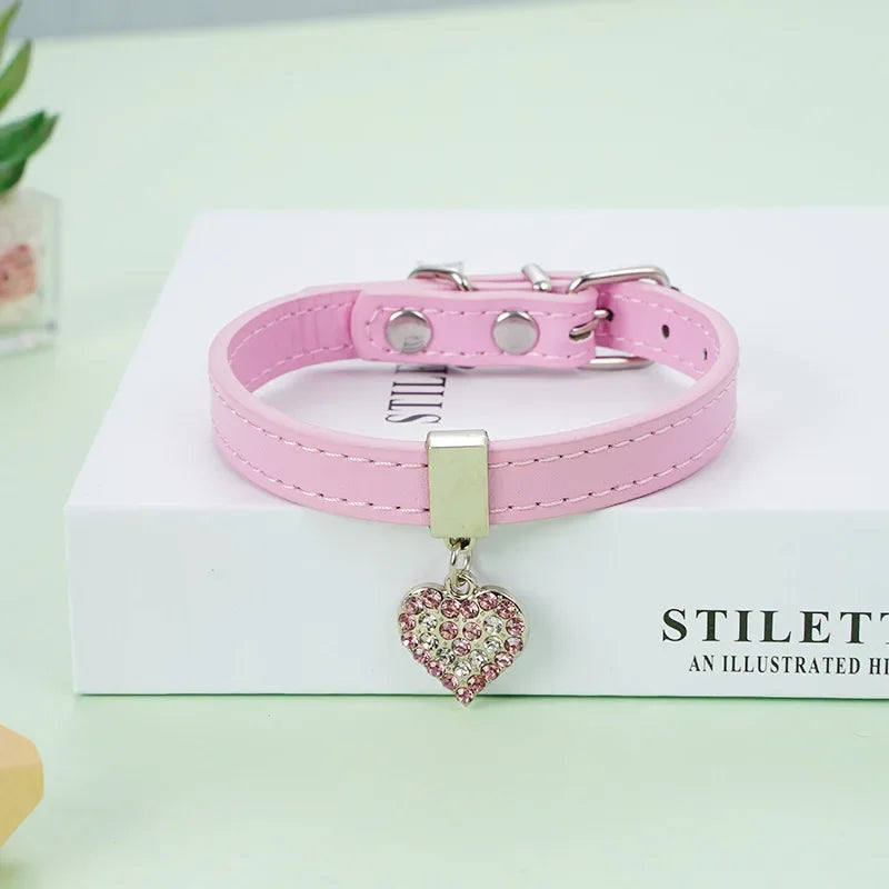 Adjustable PU Leather Pet Collar with Rhinestone Heart and Bling for Small to Medium Dogs and Cats-My Little Pet