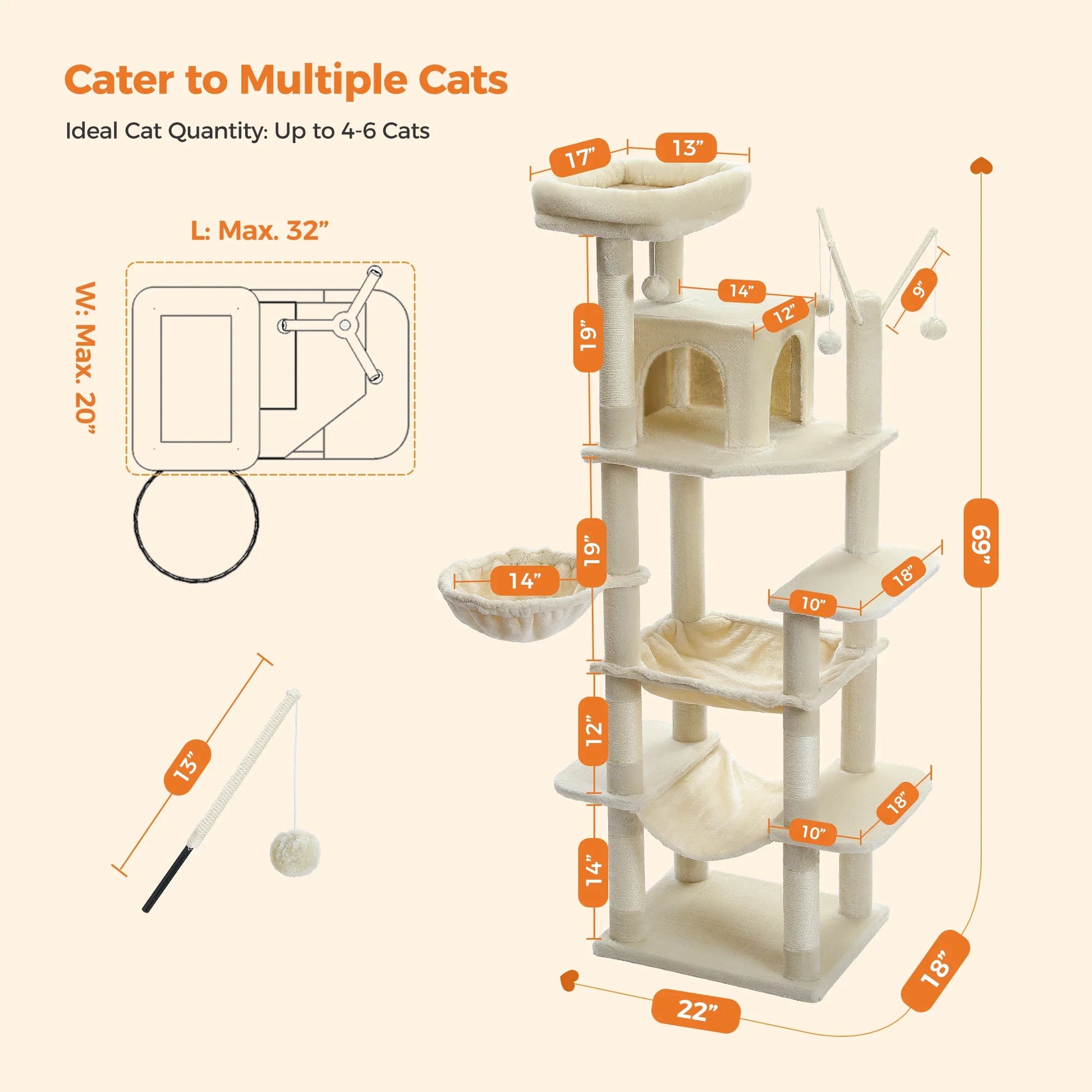 Deluxe Multi-Cat Tower Tree - 175cm High with 6-Tier Structure-My Little Pet