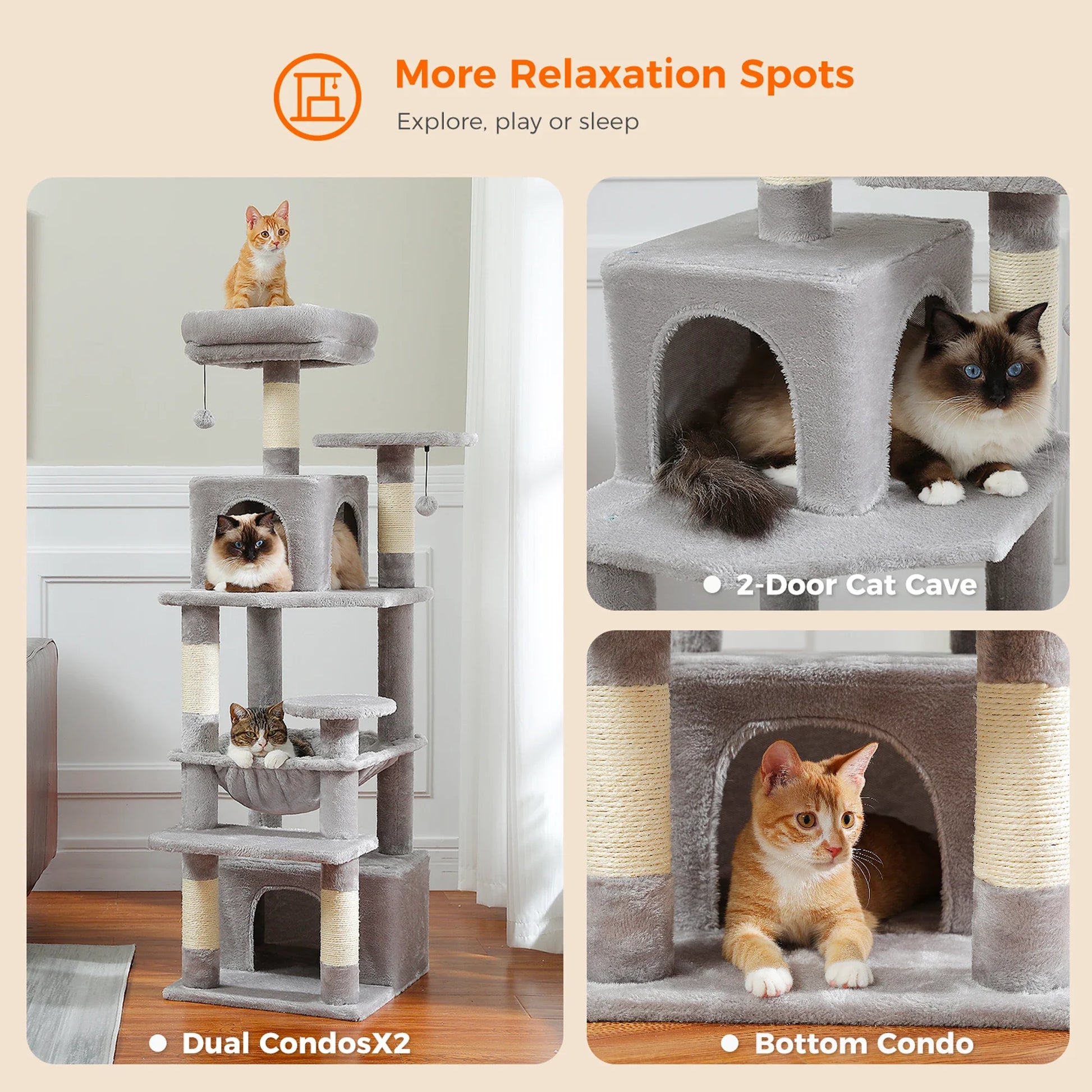 Deluxe Cat Tree Tower for Large Cats - 136cm Height with Hammocks, Condos, and Scratching Posts-My Little Pet