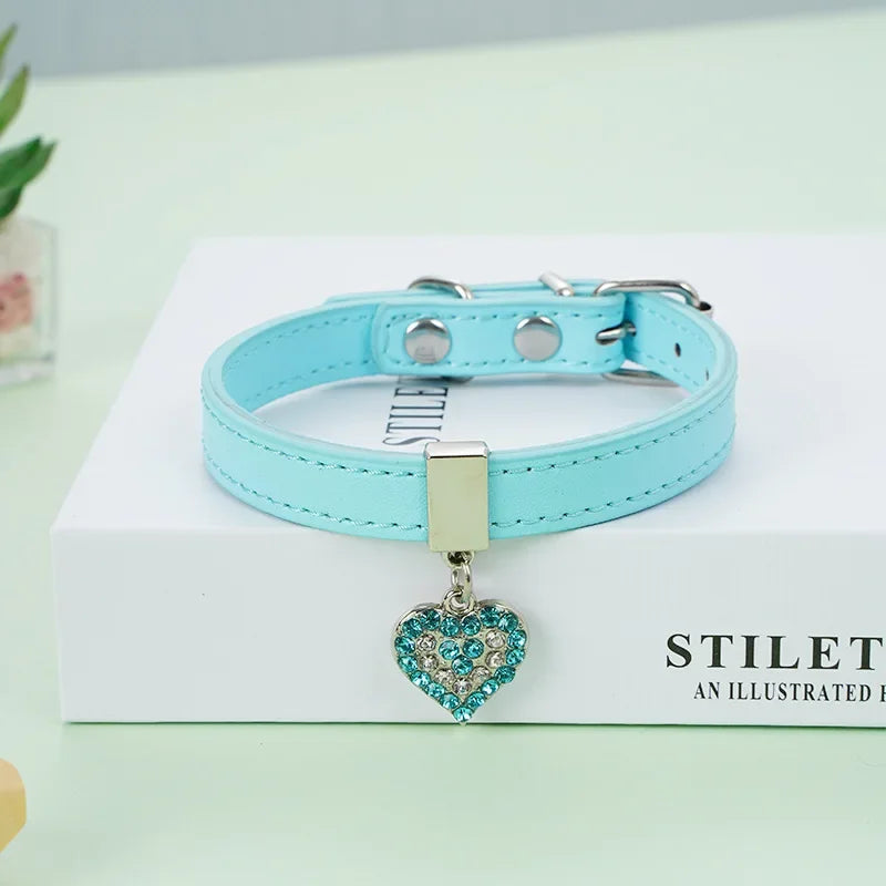 Adjustable PU Leather Pet Collar with Rhinestone Heart and Bling for Small to Medium Dogs and Cats-My Little Pet