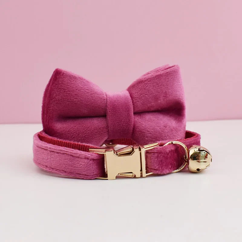 Personalized Velvet Cat Collar with Bow Tie and Name Plate-My Little Pet