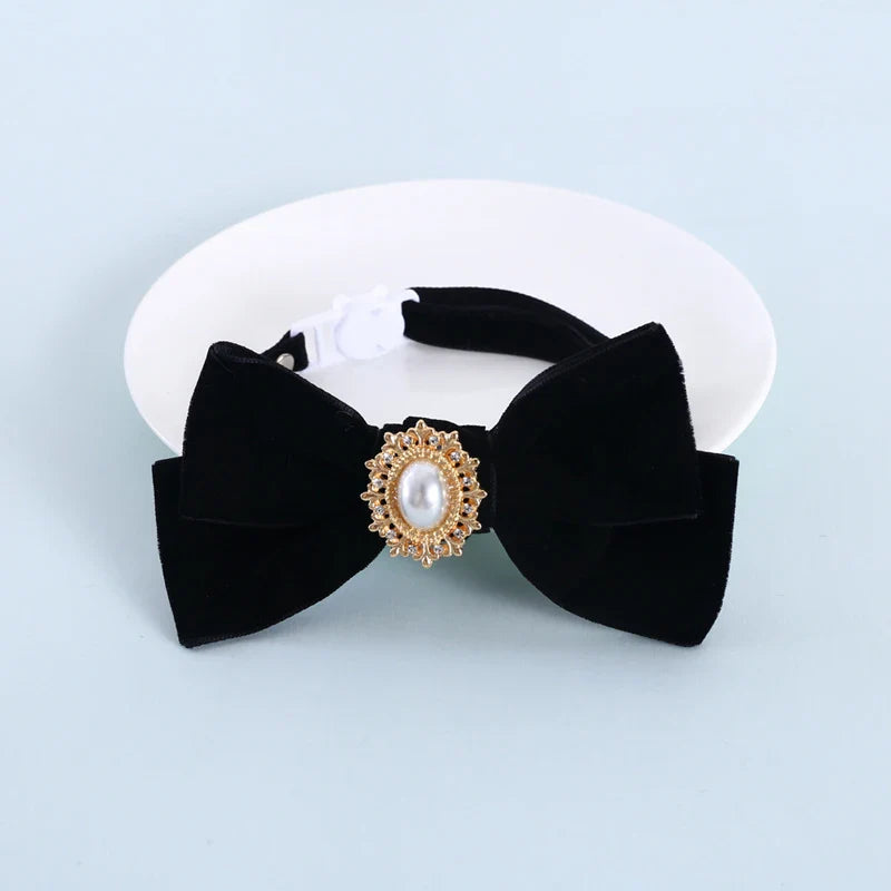 Elegant Velvet Cat Collar with Pearl and Bowknot-My Little Pet