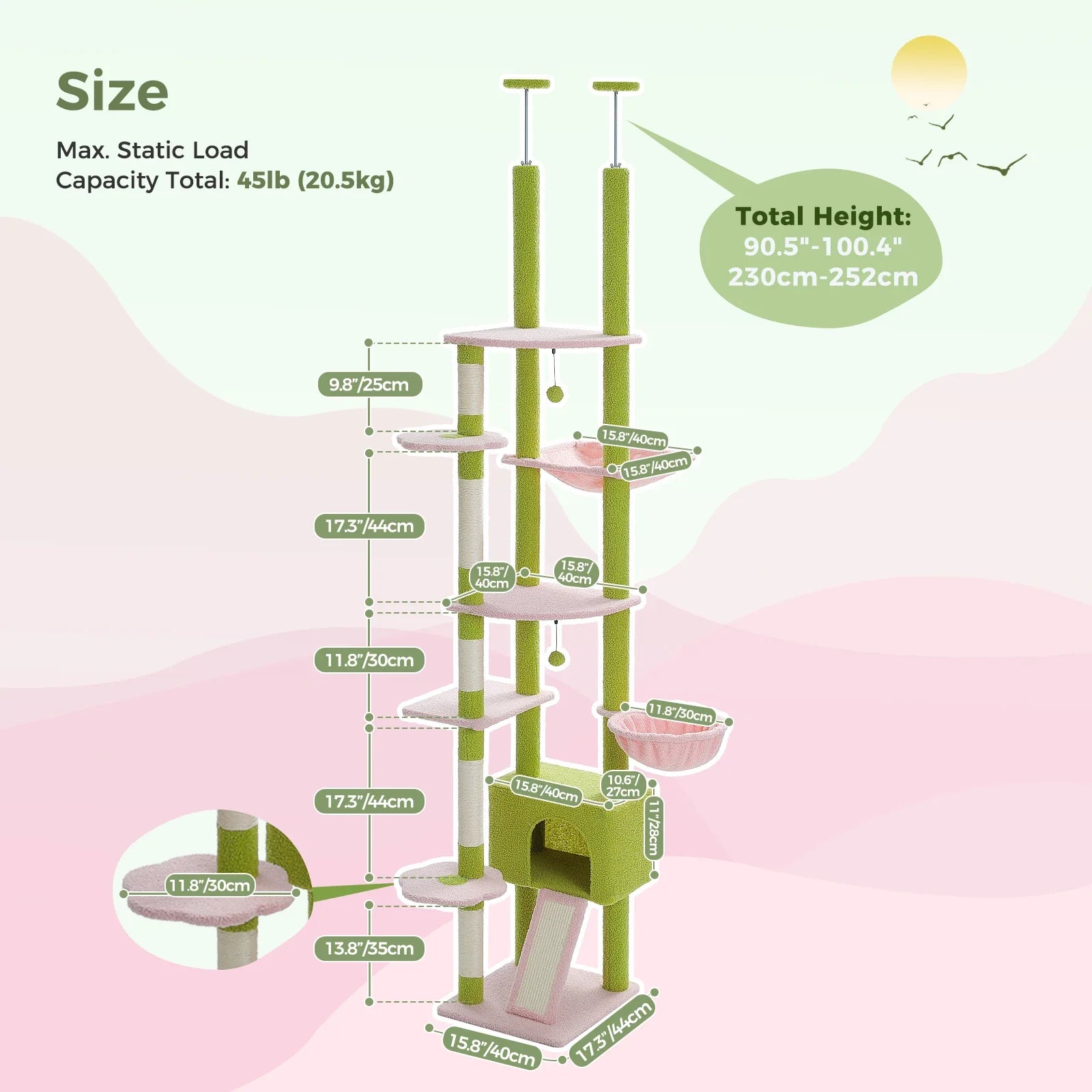Adjustable Floor-to-Ceiling Cactus Cat Tree - Tall Activity Tower with Condo & Hammocks-My Little Pet