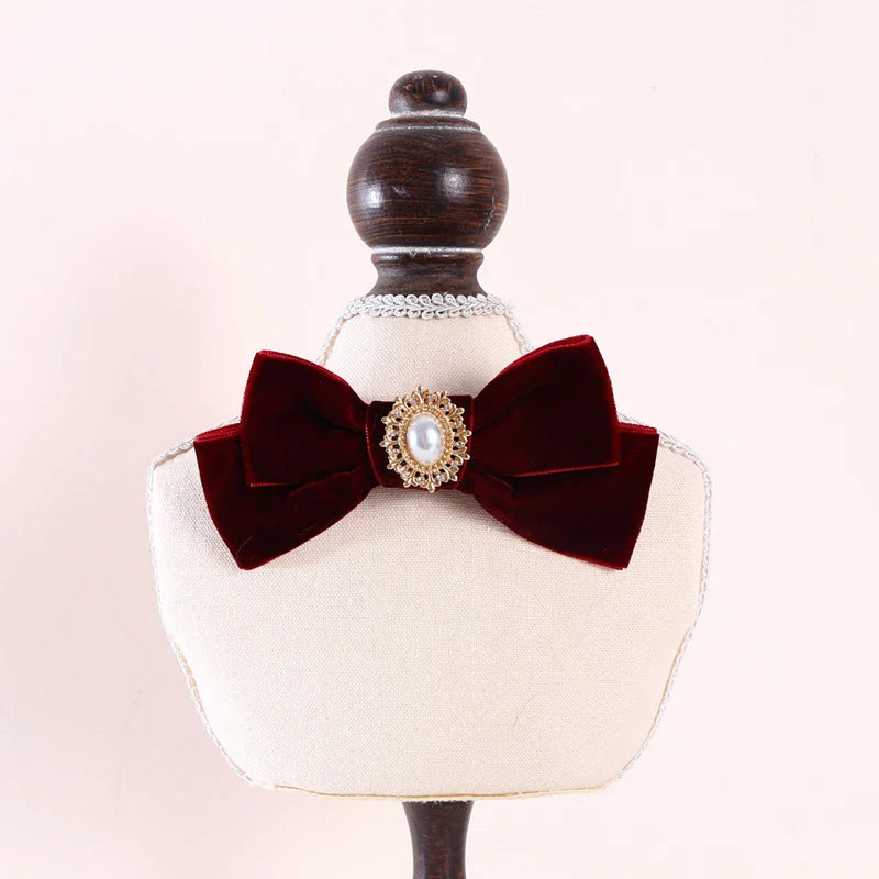 Elegant Velvet Cat Collar with Pearl and Bowknot-My Little Pet