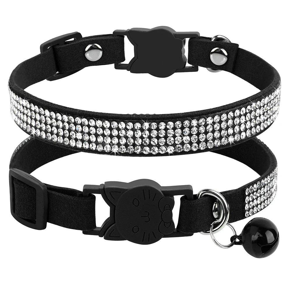 Elegant Suede Leather Cat Collar with Rhinestones and Bell-My Little Pet