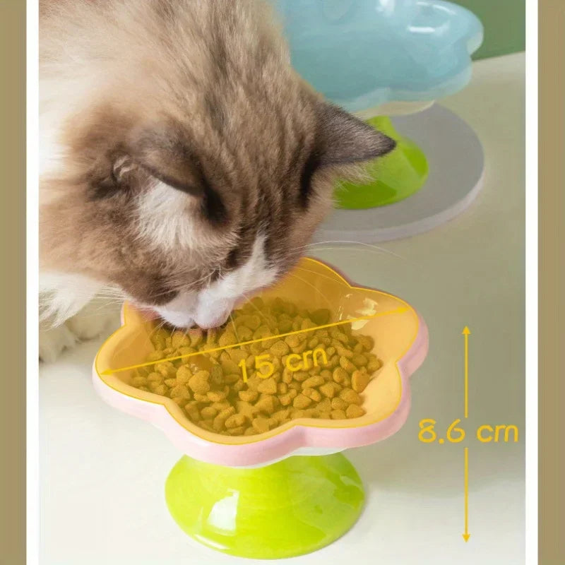 Elevated Ceramic Cat Bowl with Flower Design - Protects Your Cat's Neck-My Little Pet