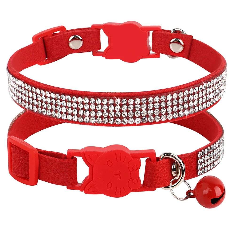 Elegant Suede Leather Cat Collar with Rhinestones and Bell-My Little Pet