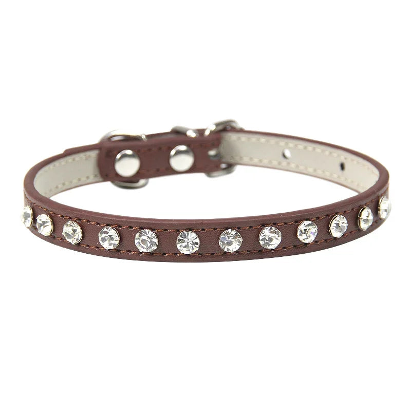 Elegant Leather Cat and Small Dog Collar with Rhinestone Accents-My Little Pet