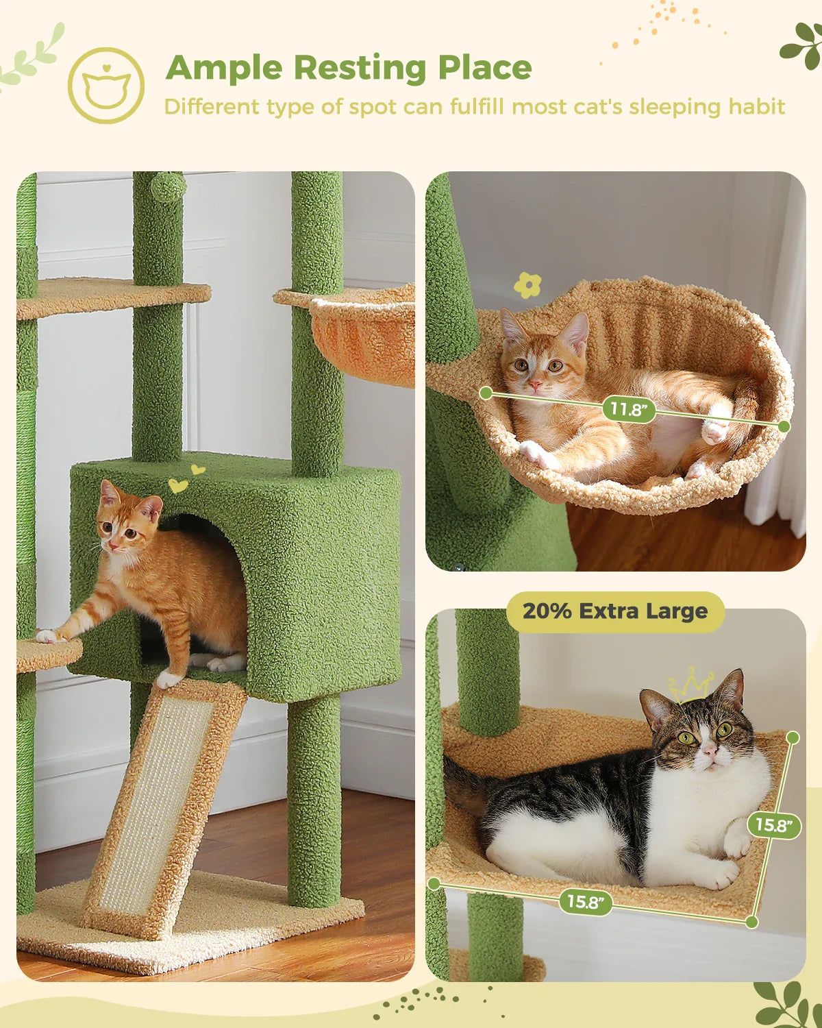 Adjustable Floor-to-Ceiling Cactus Cat Tree - Tall Activity Tower with Condo & Hammocks-My Little Pet