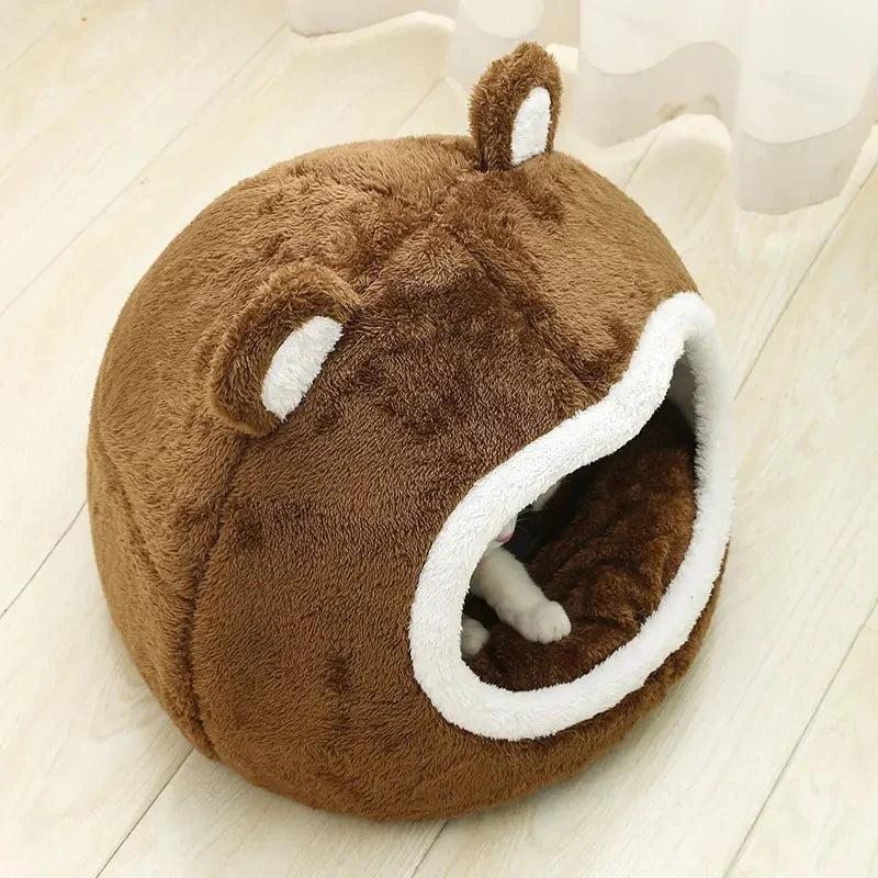 Adorable Bear-Shaped Plush Cat Cave Bed-My Little Pet