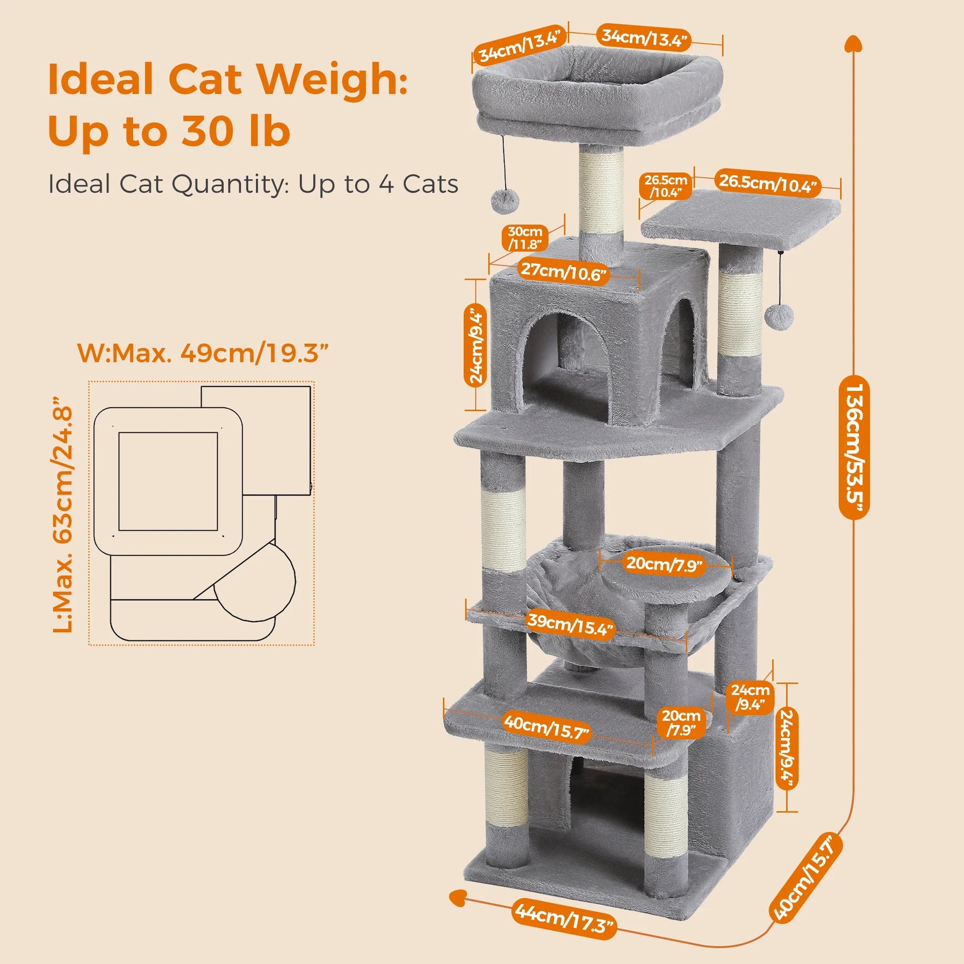 Deluxe Cat Tree Tower for Large Cats - 136cm Height with Hammocks, Condos, and Scratching Posts-My Little Pet
