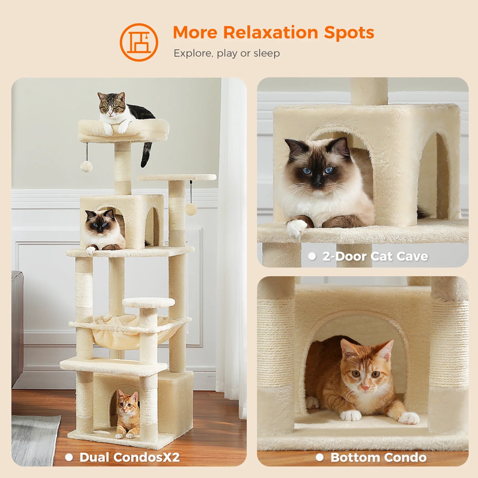 Deluxe Cat Tree Tower for Large Cats - 136cm Height with Hammocks, Condos, and Scratching Posts-My Little Pet