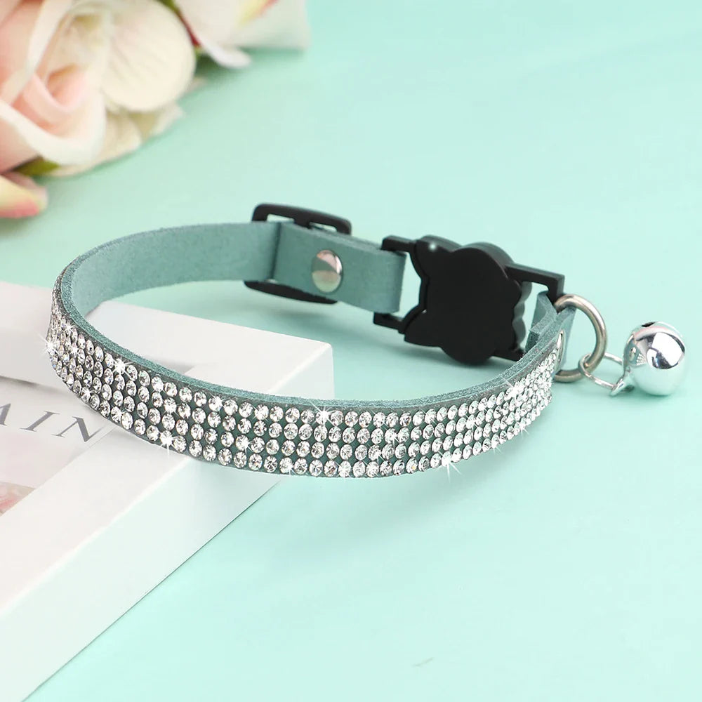 Elegant Suede Leather Cat Collar with Rhinestones and Bell-My Little Pet