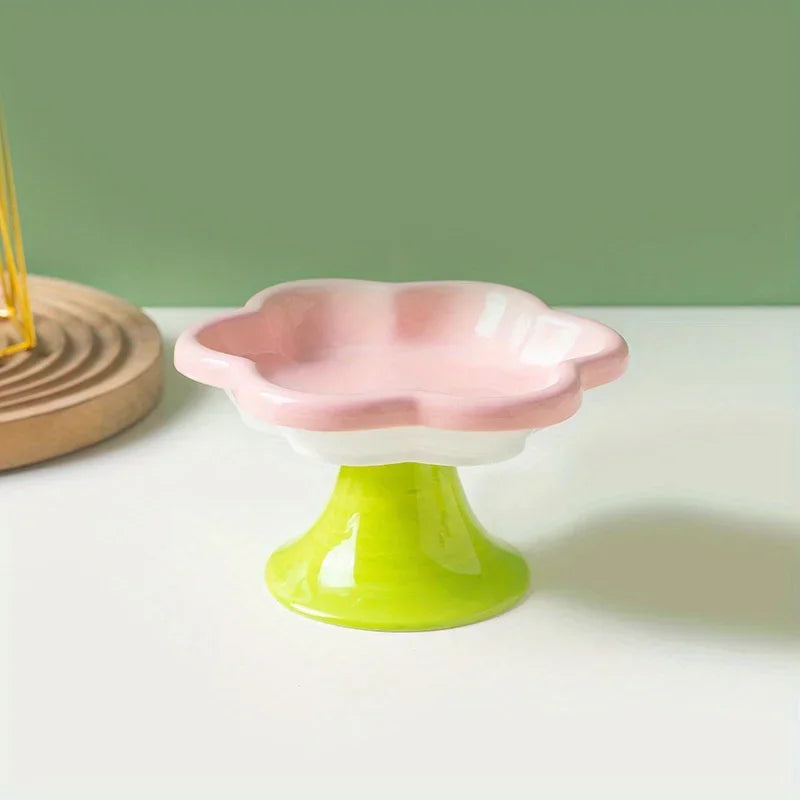 Elevated Ceramic Cat Bowl with Flower Design - Protects Your Cat's Neck-My Little Pet