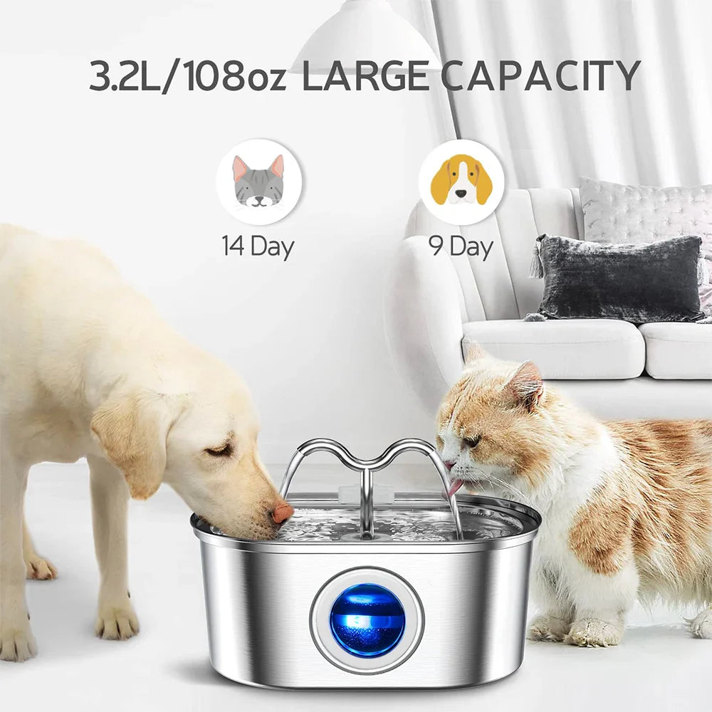 3.2L Stainless Steel Cat Water Fountain - LED Light & Silent Pump-My Little Pet