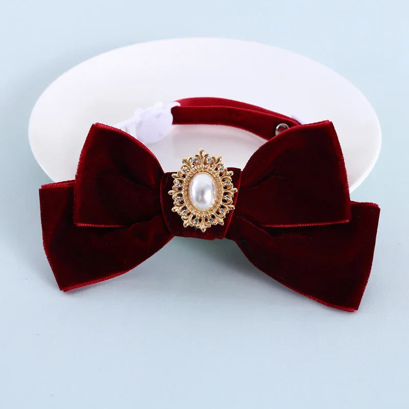 Elegant Velvet Cat Collar with Pearl and Bowknot-My Little Pet