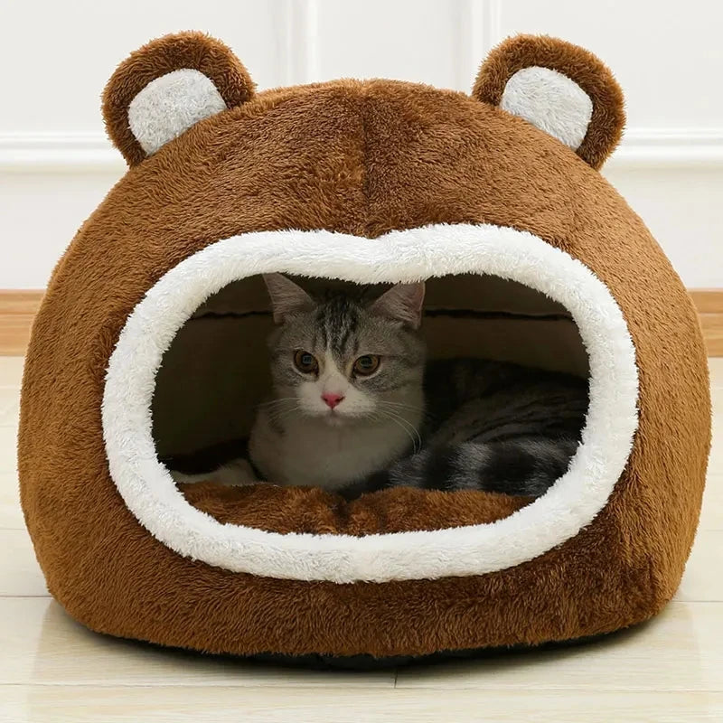 Adorable Bear-Shaped Plush Cat Cave Bed-My Little Pet