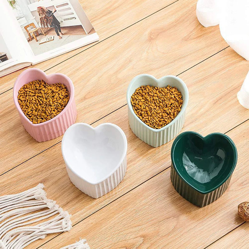 Heart-Shaped Tilted Ceramic Elevated Cat Bowl – Anti-Slip Handmade Pet Feeder-My Little Pet