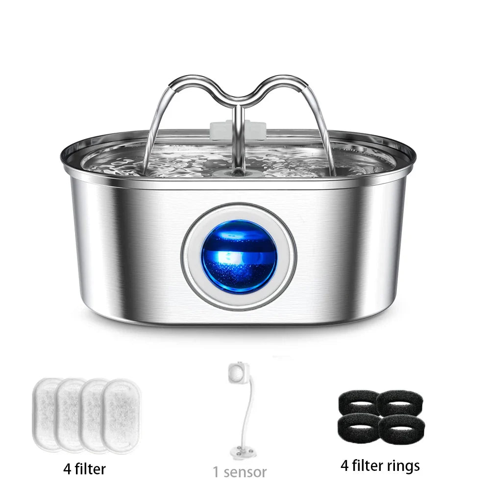3.2L Stainless Steel Cat Water Fountain - LED Light & Silent Pump-My Little Pet