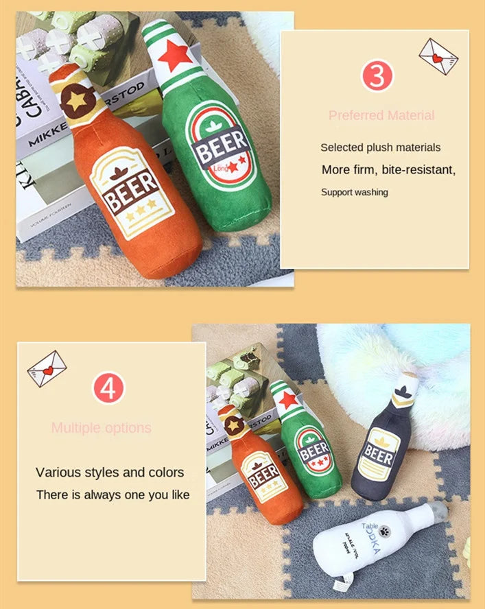 Durable Plush Dog Toy in Beer Bottle Shape - Fun and Safe Teeth Cleaning-My Little Pet