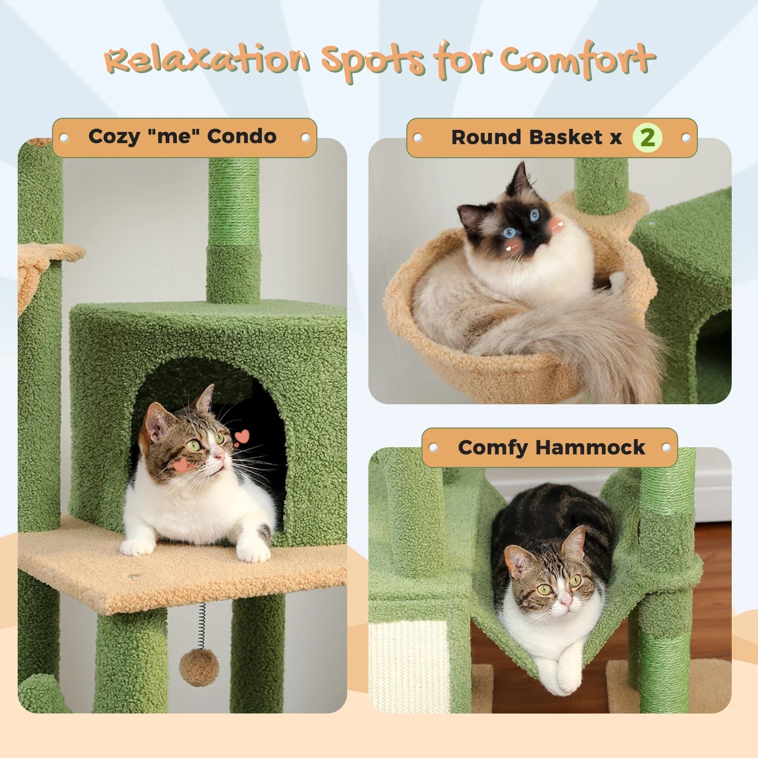Cactus Floor-to-Ceiling Cat Tree - 7-Tier Climbing Tower with Hammocks & Condos-My Little Pet