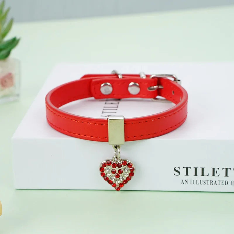 Adjustable PU Leather Pet Collar with Rhinestone Heart and Bling for Small to Medium Dogs and Cats-My Little Pet