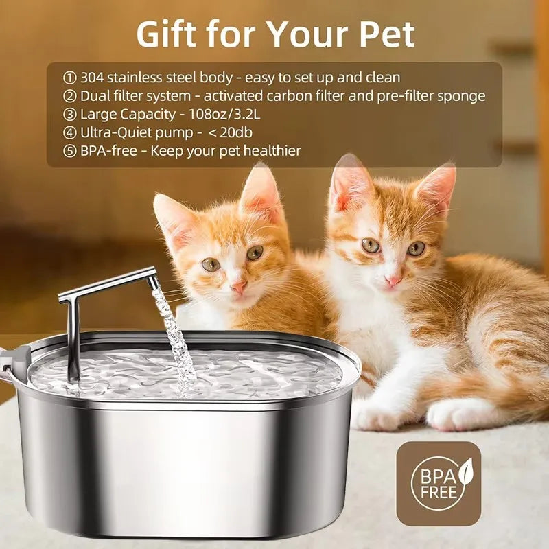 Automatic Stainless Steel Pet Water Fountain with Dual Filtration-My Little Pet