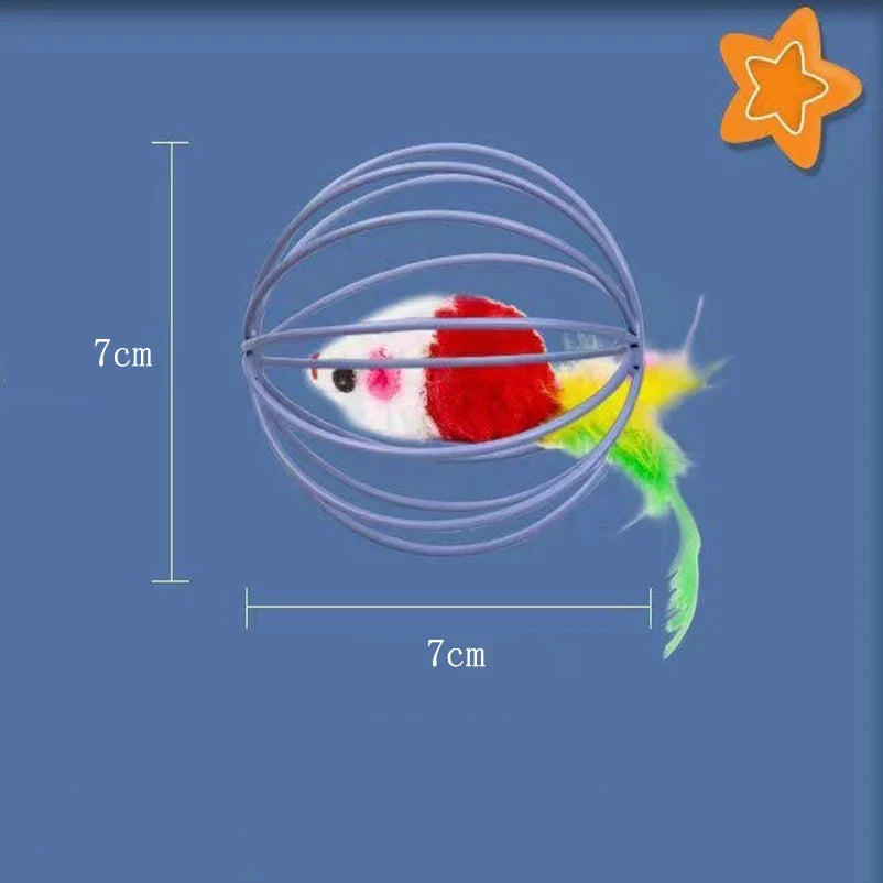 Colorful Wire Cage Cat Ball with Plush Mouse and Feathers-My Little Pet