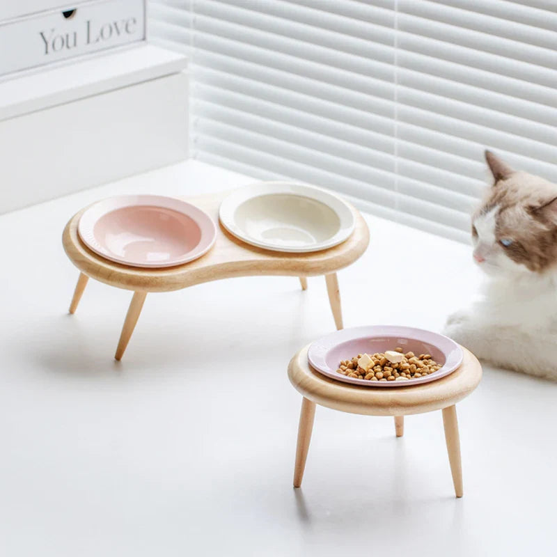Elevated Double Ceramic Pet Bowls with Wooden Stand-My Little Pet