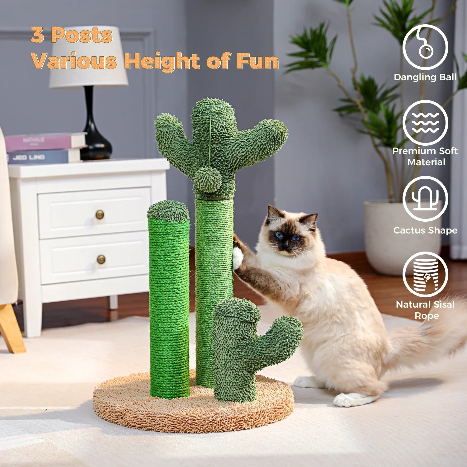Cactus Cat Scratching Post with 3 Poles and Interactive Dangling Ball-My Little Pet