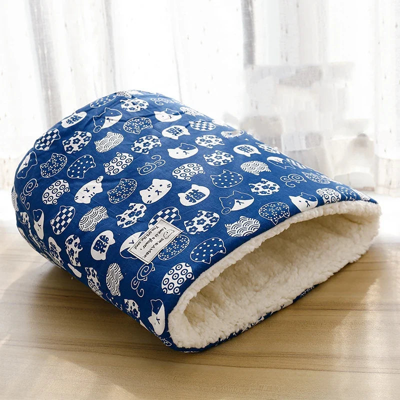 Cozy Velvet Pet Bed for Cats and Dogs - Soft Fleece Sleeping Bag in Blue and Grey-My Little Pet
