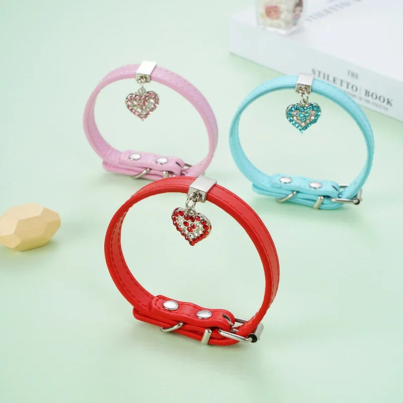 Adjustable PU Leather Pet Collar with Rhinestone Heart and Bling for Small to Medium Dogs and Cats-My Little Pet