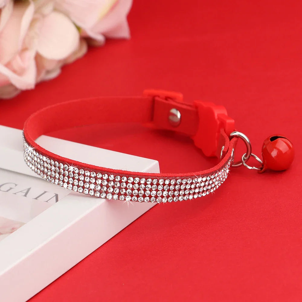 Elegant Suede Leather Cat Collar with Rhinestones and Bell-My Little Pet