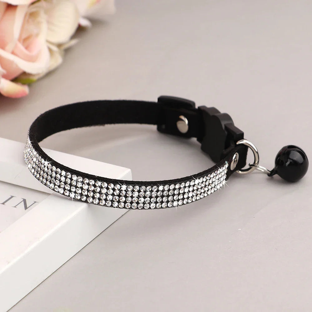 Elegant Suede Leather Cat Collar with Rhinestones and Bell-My Little Pet