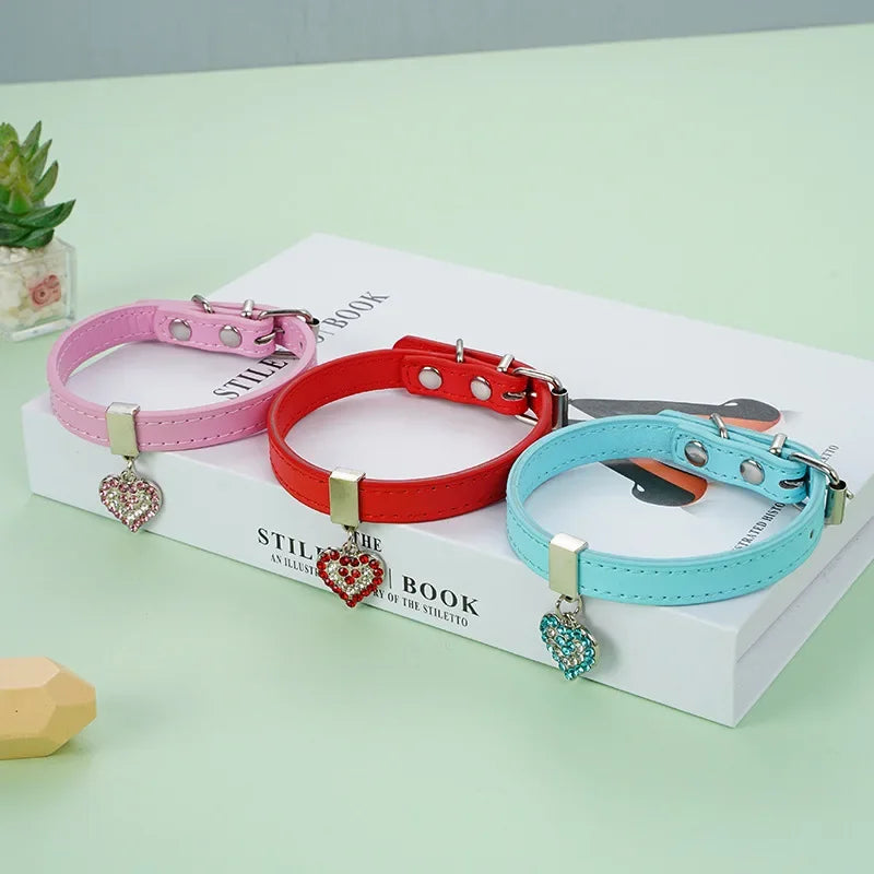Adjustable PU Leather Pet Collar with Rhinestone Heart and Bling for Small to Medium Dogs and Cats-My Little Pet