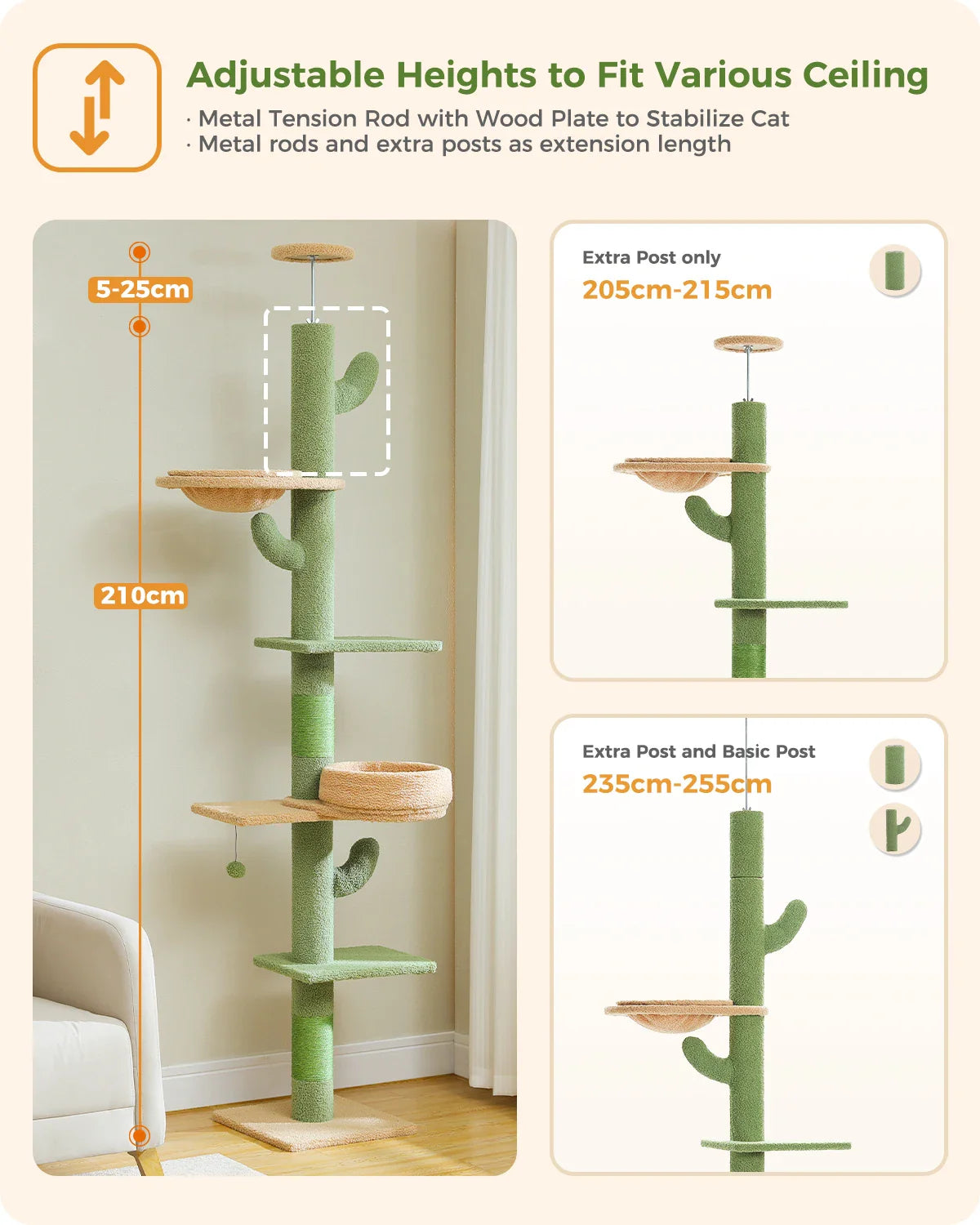 Floor-to-Ceiling Cat Tree - 228-274cm Tall Cat Climbing Tower-My Little Pet