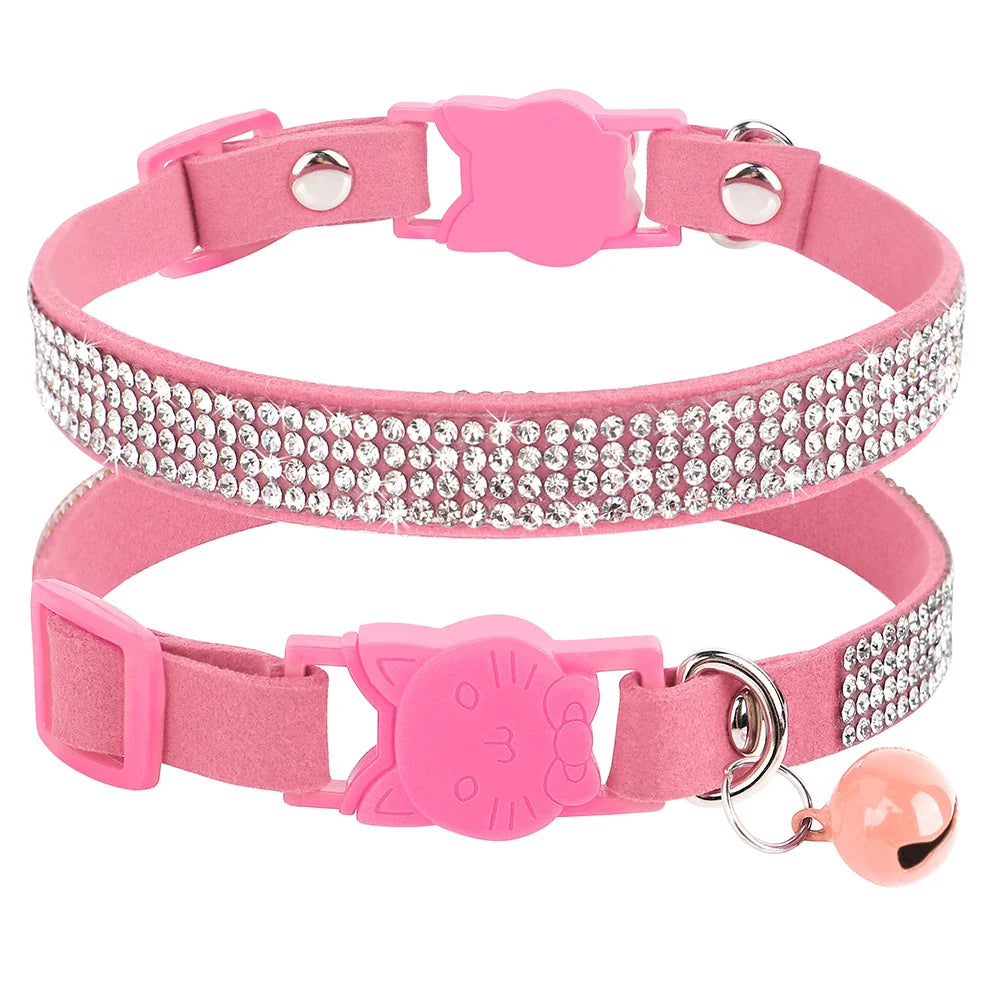 Elegant Suede Leather Cat Collar with Rhinestones and Bell-My Little Pet