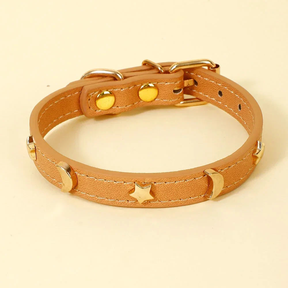 Elegant Black Leather Cat Collar with Gold Star and Moon Rivets-My Little Pet