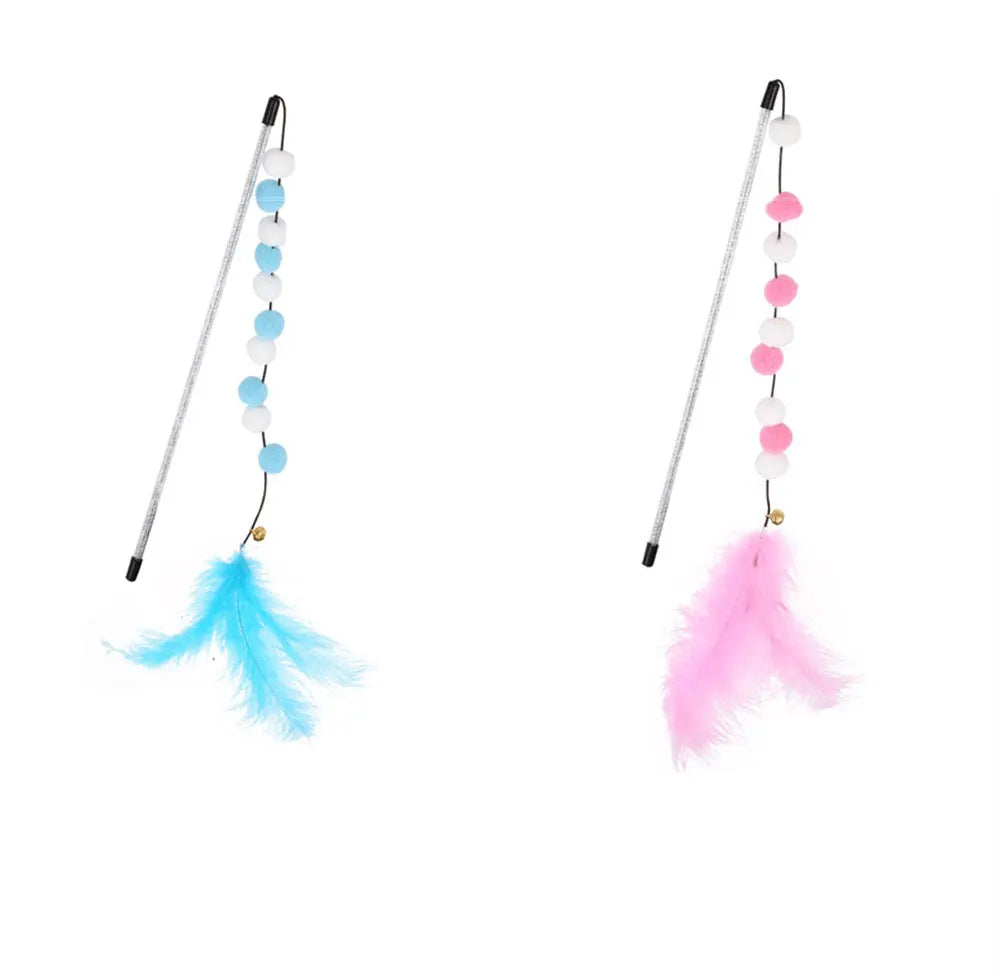 Interactive Cat Teaser Wand with Colorful Pom Poms and Bell-My Little Pet