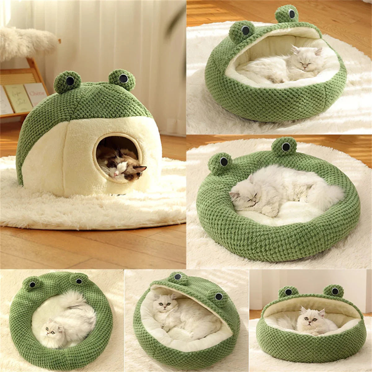 Frog-Themed Cozy Cat Bed for Winter-My Little Pet