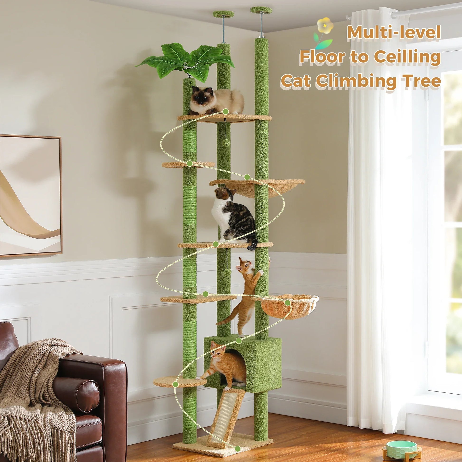 Adjustable Floor-to-Ceiling Cactus Cat Tree - Tall Activity Tower with Condo & Hammocks-My Little Pet