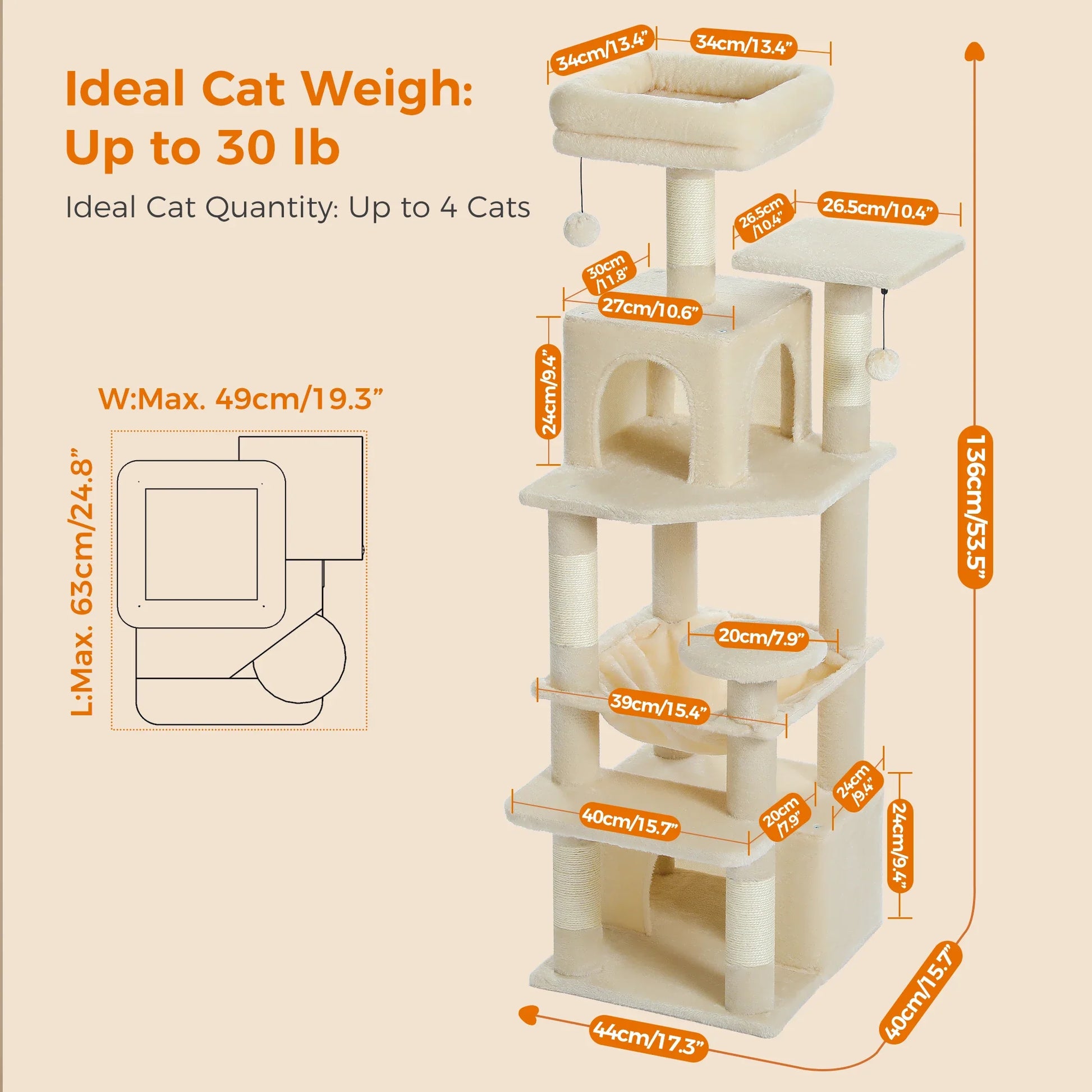 Deluxe Cat Tree Tower for Large Cats - 136cm Height with Hammocks, Condos, and Scratching Posts-My Little Pet