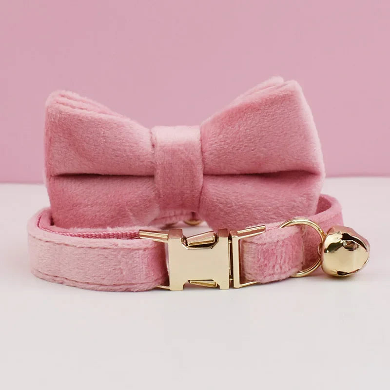 Personalized Velvet Cat Collar with Bow Tie and Name Plate-My Little Pet