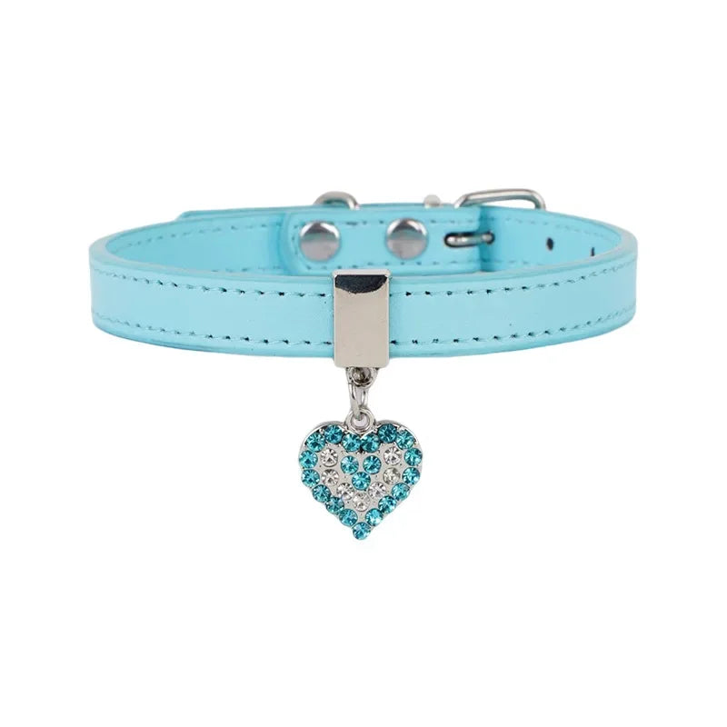Adjustable PU Leather Pet Collar with Rhinestone Heart and Bling for Small to Medium Dogs and Cats-My Little Pet