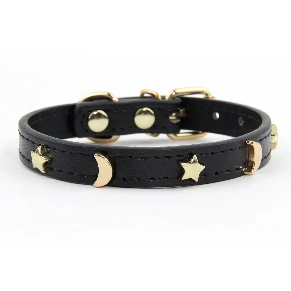 Elegant Black Leather Cat Collar with Gold Star and Moon Rivets-My Little Pet