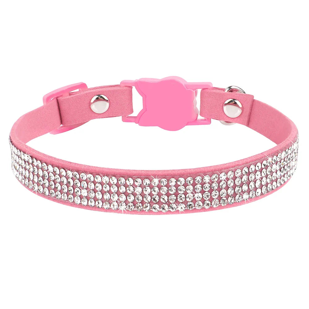 Elegant Suede Leather Cat Collar with Rhinestones and Bell-My Little Pet